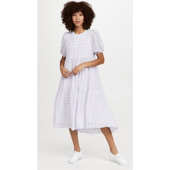 💕ENGLISH FACTORY💕 Tiered Gingham Seersucker Maxi Dress ~ Lavender Medium M NWT - Picture 4 of 16
